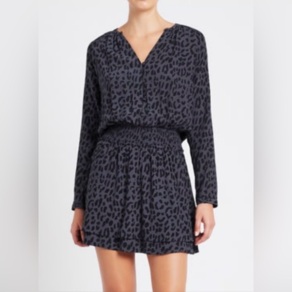 NWT Rails Jasmine Smocked Azure Leopard Mini-Dress Navy/Gray Size Large